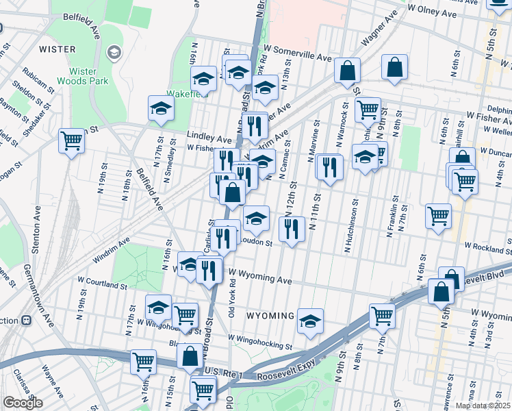 map of restaurants, bars, coffee shops, grocery stores, and more near in Philadelphia