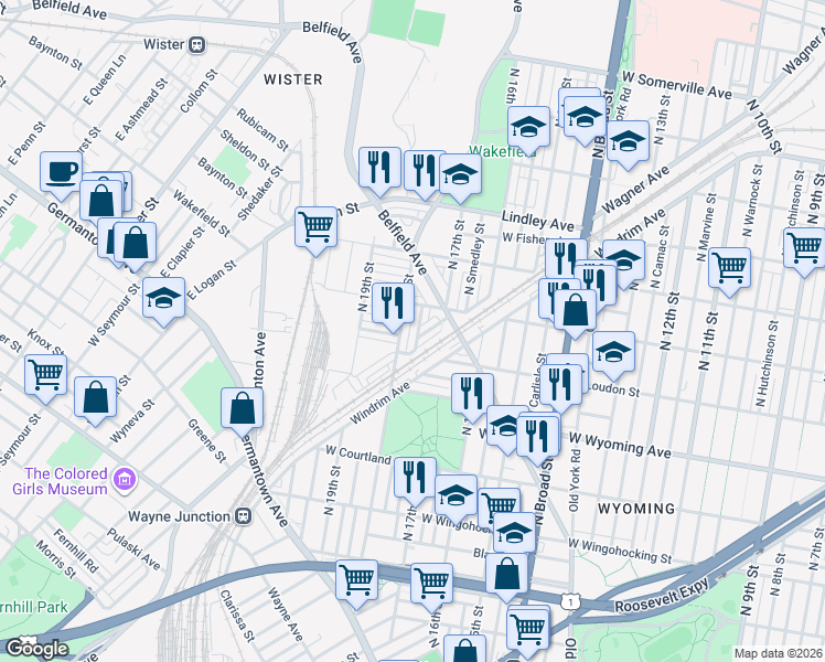 map of restaurants, bars, coffee shops, grocery stores, and more near 1732 Wagner Avenue in Philadelphia
