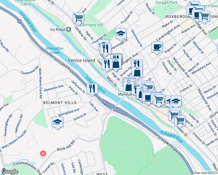 map of restaurants, bars, coffee shops, grocery stores, and more near 4548 Riverside Way in Philadelphia