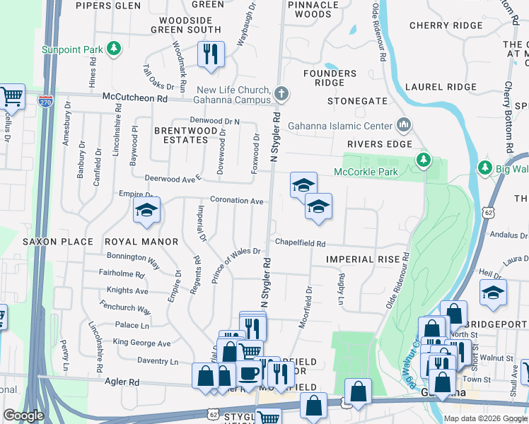 map of restaurants, bars, coffee shops, grocery stores, and more near 349 North Stygler Road in Columbus