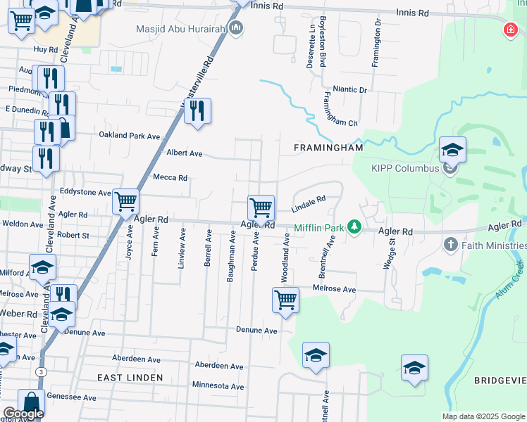 map of restaurants, bars, coffee shops, grocery stores, and more near 2870 Perdue Avenue in Columbus