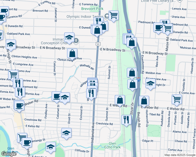 map of restaurants, bars, coffee shops, grocery stores, and more near 3120 Indianola Avenue in Columbus