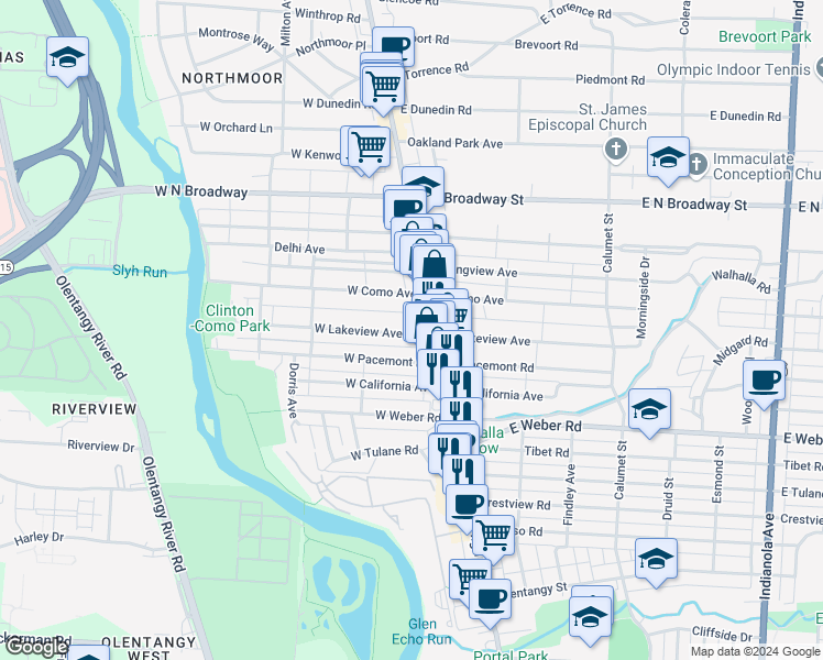 map of restaurants, bars, coffee shops, grocery stores, and more near 44 West Lakeview Avenue in Columbus