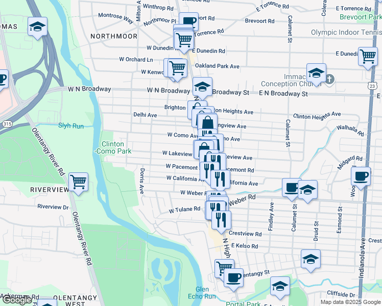 map of restaurants, bars, coffee shops, grocery stores, and more near 44 West Lakeview Avenue in Columbus