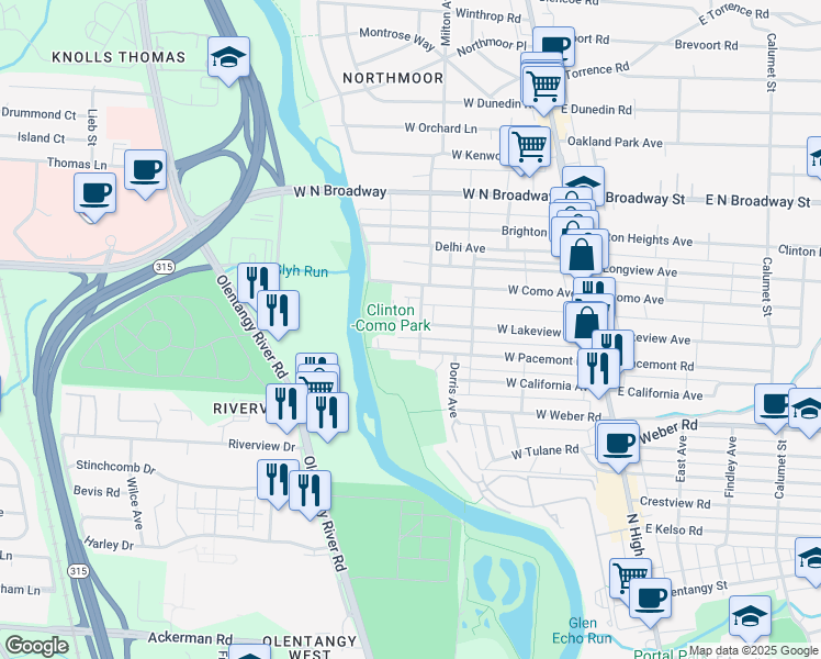 map of restaurants, bars, coffee shops, grocery stores, and more near 259 West Lakeview Avenue in Columbus