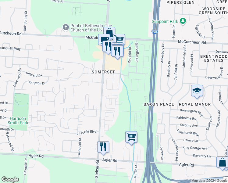 map of restaurants, bars, coffee shops, grocery stores, and more near 3955 Hoffman Valley Drive in Columbus