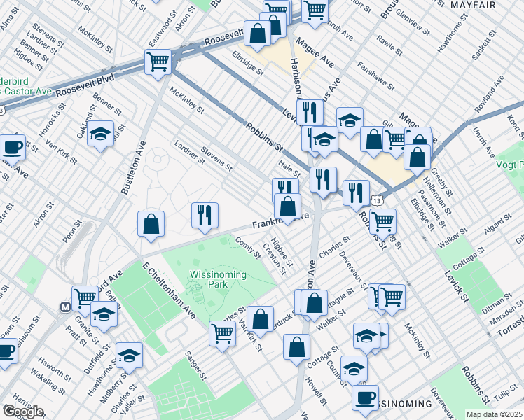 map of restaurants, bars, coffee shops, grocery stores, and more near 2927 Benner Street in Philadelphia