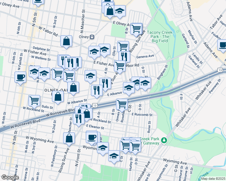 map of restaurants, bars, coffee shops, grocery stores, and more near 218 East Sheldon Street in Philadelphia