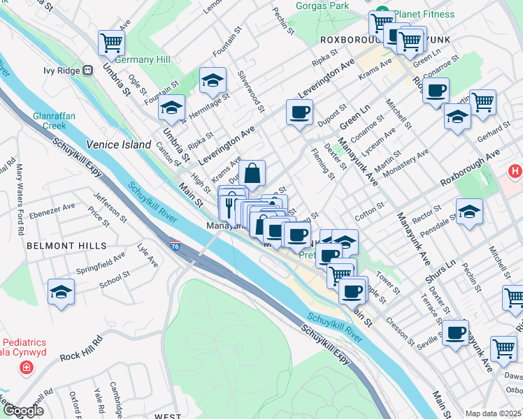 map of restaurants, bars, coffee shops, grocery stores, and more near 147 Carson Street in Philadelphia