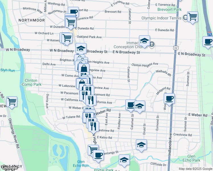 map of restaurants, bars, coffee shops, grocery stores, and more near 110 East Lakeview Avenue in Columbus
