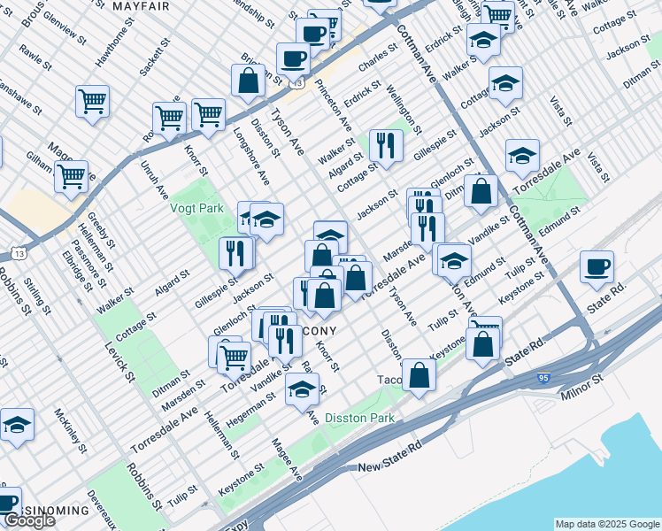 map of restaurants, bars, coffee shops, grocery stores, and more near 4521 Longshore Avenue in Philadelphia