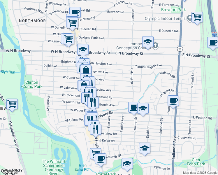 map of restaurants, bars, coffee shops, grocery stores, and more near 110 East Lakeview Avenue in Columbus