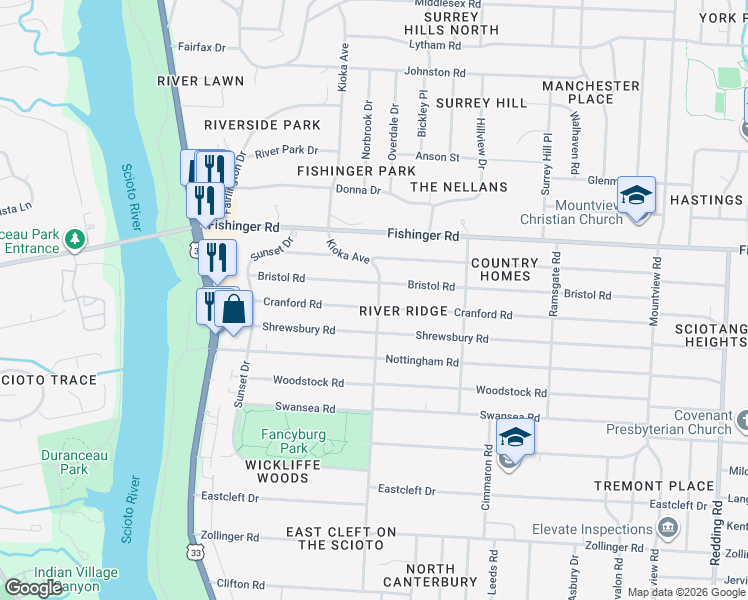 map of restaurants, bars, coffee shops, grocery stores, and more near 2614 Cranford Road in Columbus