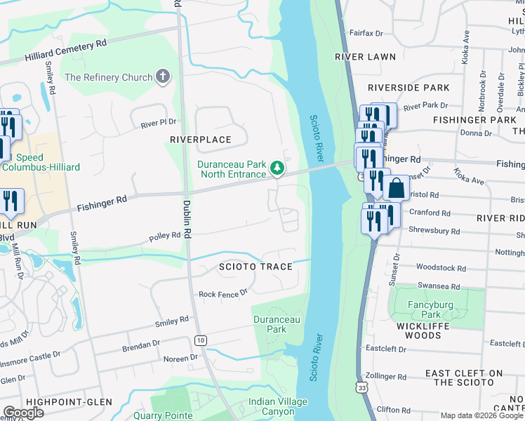 map of restaurants, bars, coffee shops, grocery stores, and more near 3140 Polley Road in Columbus