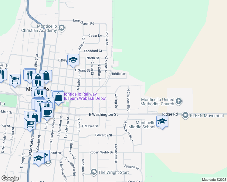 map of restaurants, bars, coffee shops, grocery stores, and more near 1102 East Center Street in Monticello