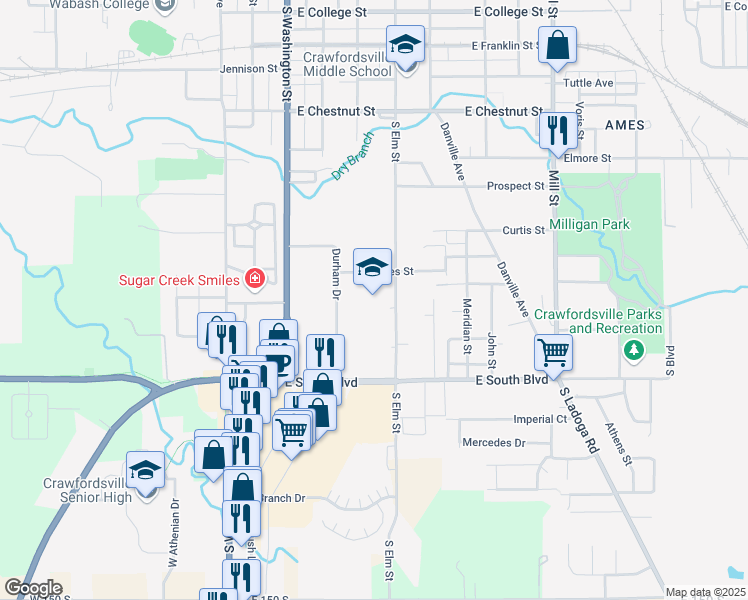 map of restaurants, bars, coffee shops, grocery stores, and more near 1301 South Elm Street in Crawfordsville