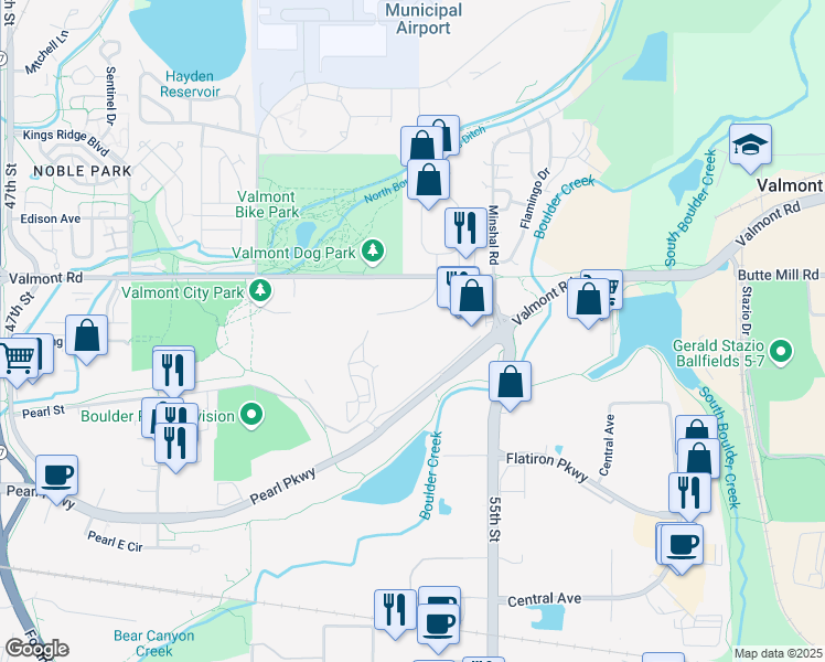 map of restaurants, bars, coffee shops, grocery stores, and more near 5360 Sterling Drive in Boulder