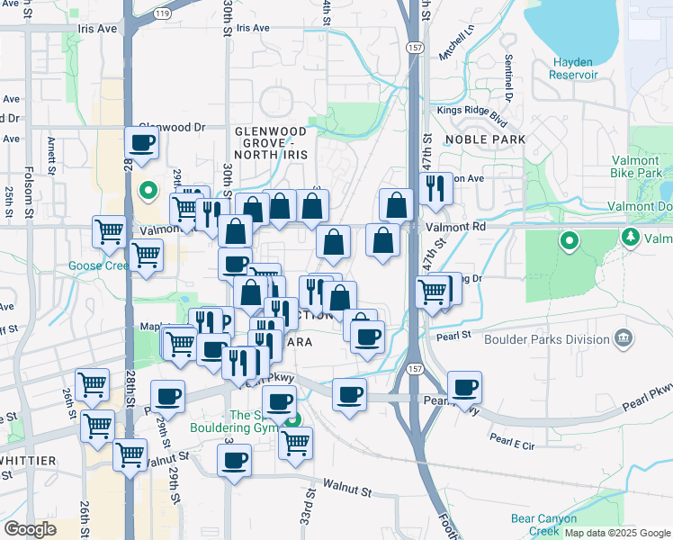 map of restaurants, bars, coffee shops, grocery stores, and more near 2897 Wilderness Place in Boulder