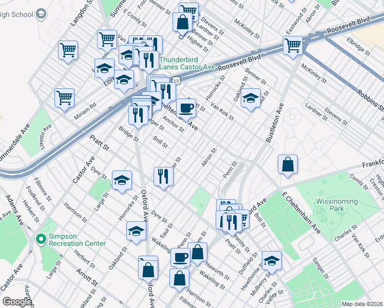 map of restaurants, bars, coffee shops, grocery stores, and more near 5347 Sylvester Street in Philadelphia