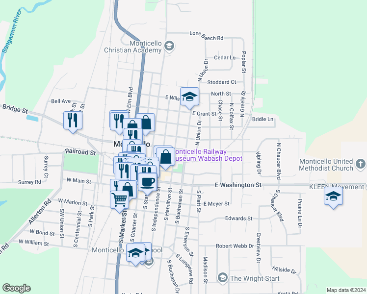 map of restaurants, bars, coffee shops, grocery stores, and more near 318 East Center Street in Monticello
