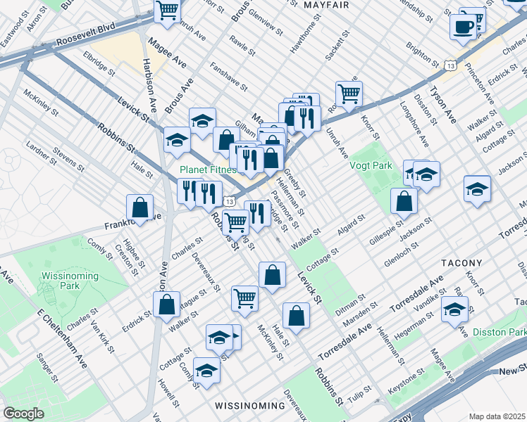 map of restaurants, bars, coffee shops, grocery stores, and more near 4119 Levick Street in Philadelphia
