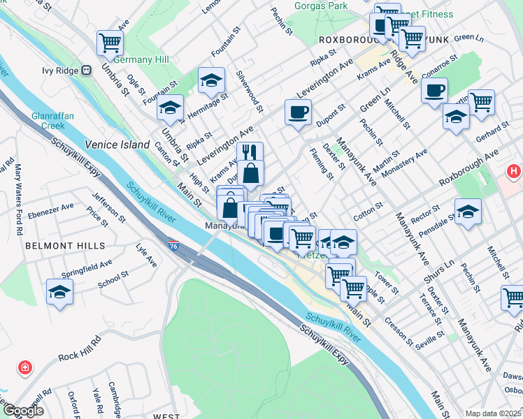 map of restaurants, bars, coffee shops, grocery stores, and more near 149 Carson Street in Philadelphia