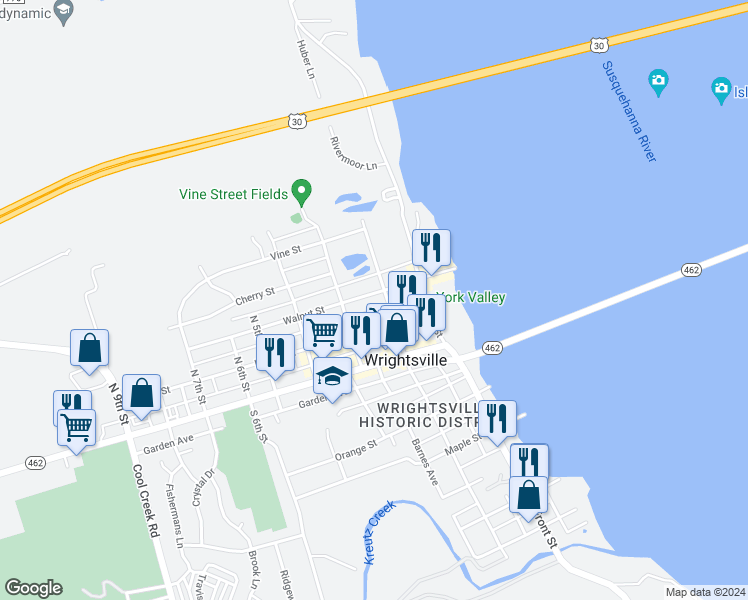 map of restaurants, bars, coffee shops, grocery stores, and more near 211 Walnut Street in Wrightsville