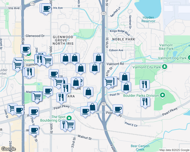 map of restaurants, bars, coffee shops, grocery stores, and more near 2905 Center Green Court in Boulder