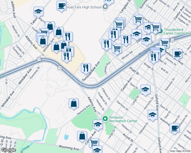 map of restaurants, bars, coffee shops, grocery stores, and more near 4820 Fillmore Terrace in Philadelphia