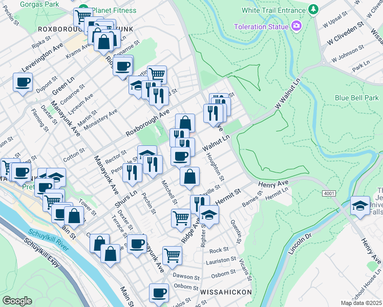 map of restaurants, bars, coffee shops, grocery stores, and more near 530 Walnut Lane in Philadelphia