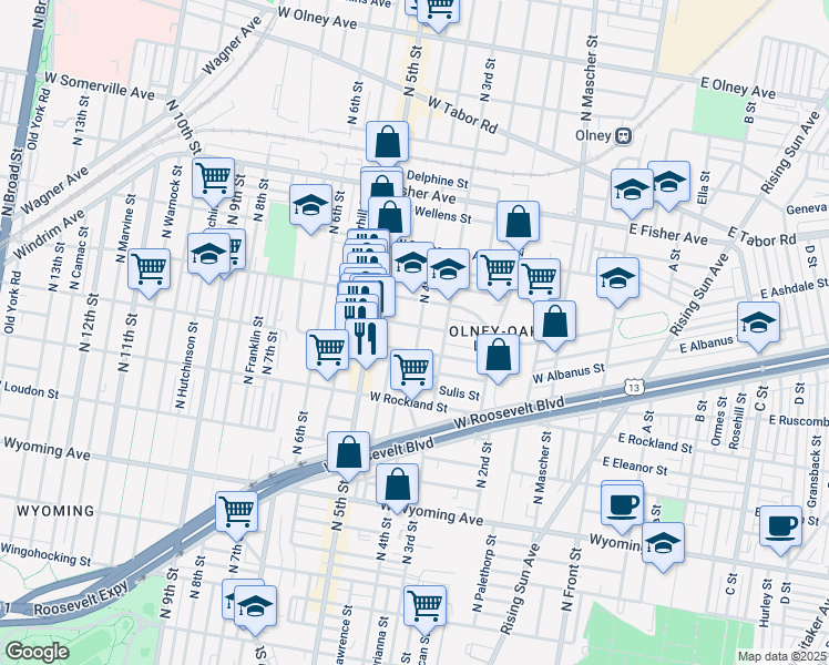 map of restaurants, bars, coffee shops, grocery stores, and more near 404 West Ashdale Street in Philadelphia