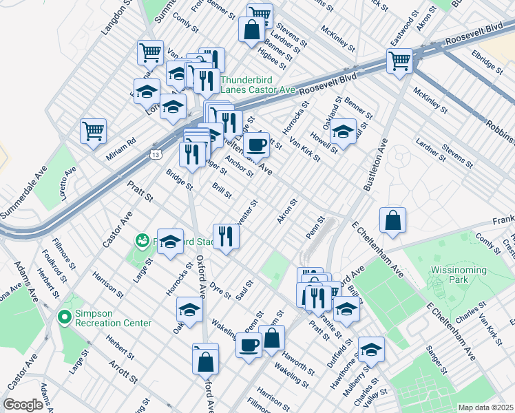map of restaurants, bars, coffee shops, grocery stores, and more near 5347 Sylvester Street in Philadelphia