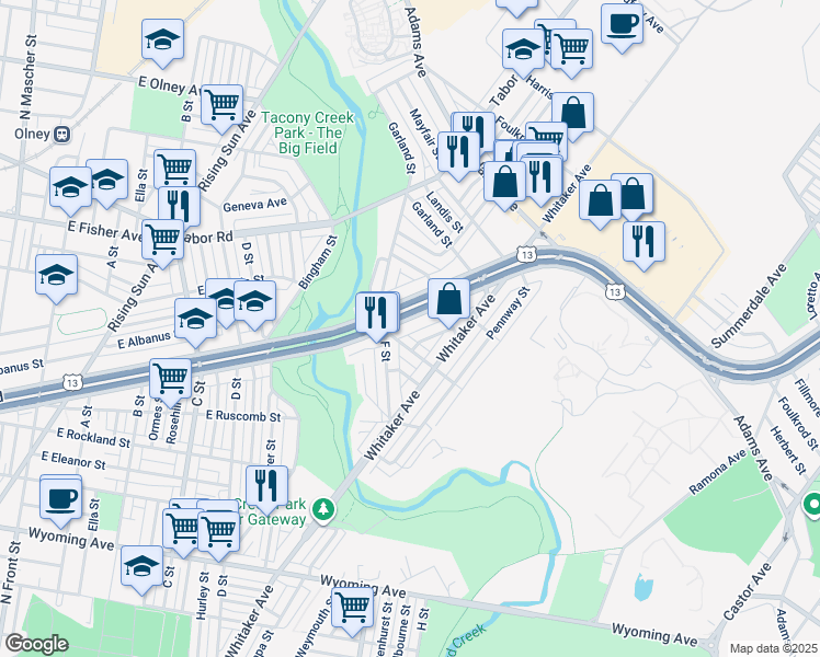 map of restaurants, bars, coffee shops, grocery stores, and more near 4023 E Roosevelt Blvd in Philadelphia
