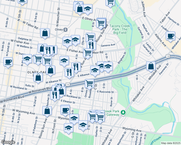 map of restaurants, bars, coffee shops, grocery stores, and more near 341 East Albanus Street in Philadelphia