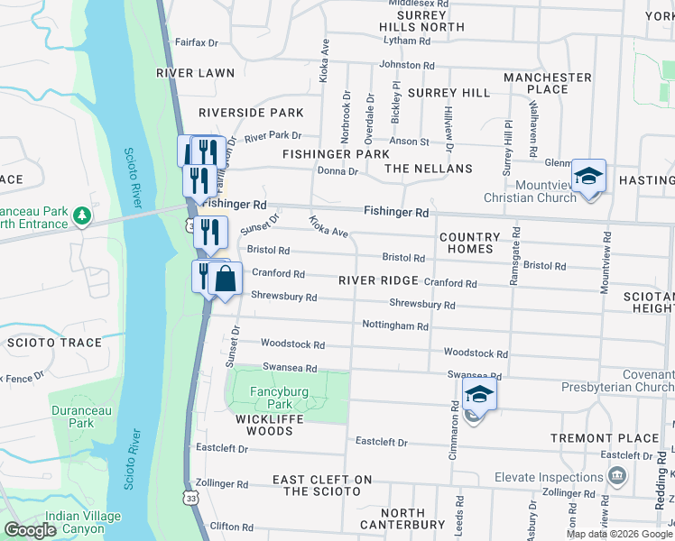 map of restaurants, bars, coffee shops, grocery stores, and more near 2614 Cranford Road in Columbus