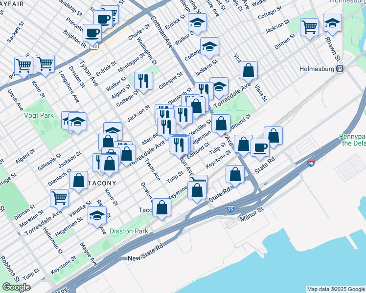 map of restaurants, bars, coffee shops, grocery stores, and more near 7118 Hegerman Street in Philadelphia