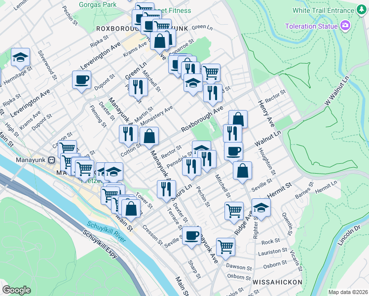 map of restaurants, bars, coffee shops, grocery stores, and more near 425 Pensdale Street in Philadelphia