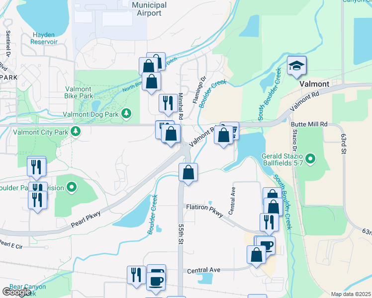 map of restaurants, bars, coffee shops, grocery stores, and more near Valmont Rd & 55th St in Boulder