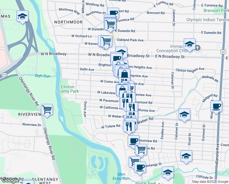 map of restaurants, bars, coffee shops, grocery stores, and more near 44 West Lakeview Avenue in Columbus