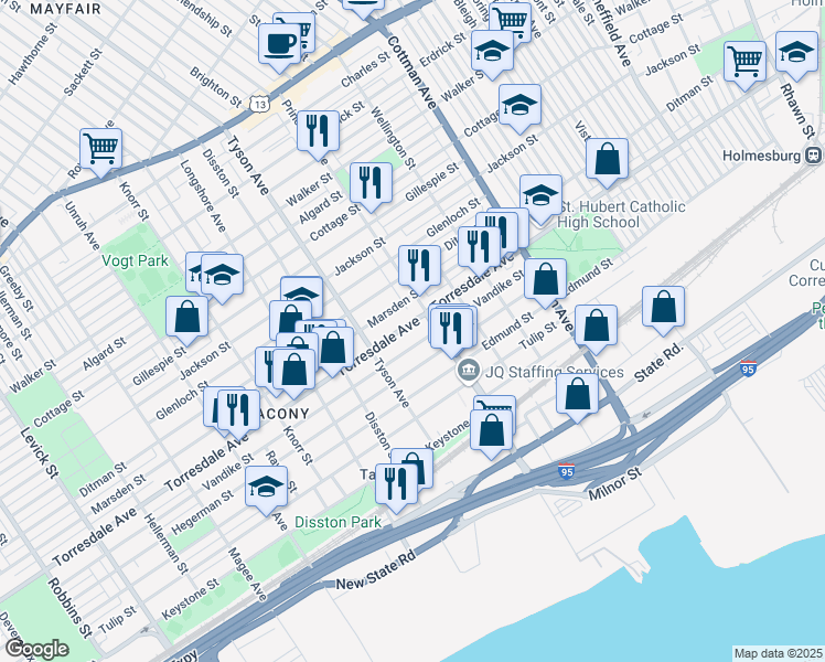 map of restaurants, bars, coffee shops, grocery stores, and more near 7039 Torresdale Avenue in Philadelphia
