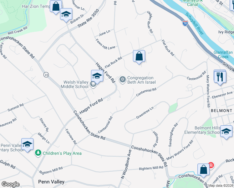 map of restaurants, bars, coffee shops, grocery stores, and more near 1231 Hagys Ford Road in Penn Valley