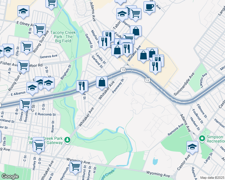 map of restaurants, bars, coffee shops, grocery stores, and more near 5200 Pennway St in Philadelphia