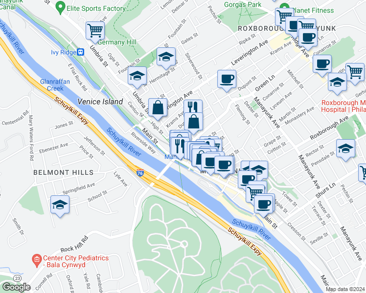 map of restaurants, bars, coffee shops, grocery stores, and more near 4504 Baker Street in Philadelphia