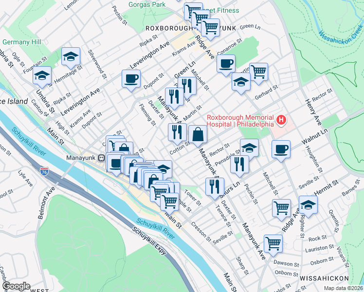 map of restaurants, bars, coffee shops, grocery stores, and more near 4316 Dexter Street in Philadelphia