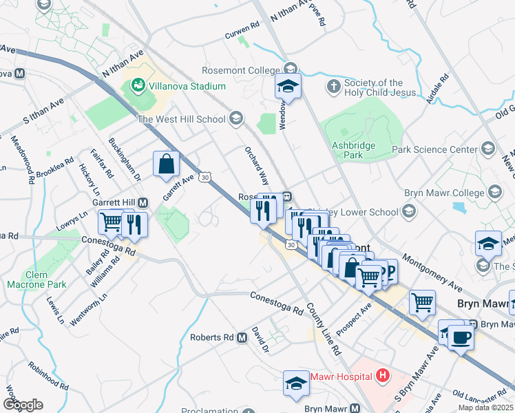 map of restaurants, bars, coffee shops, grocery stores, and more near 4 Airdale Road in Bryn Mawr