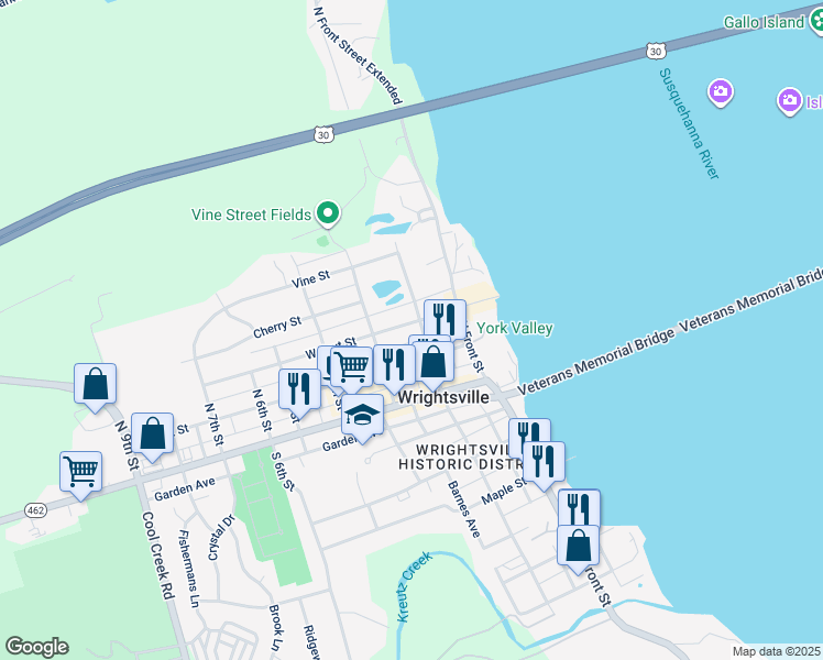 map of restaurants, bars, coffee shops, grocery stores, and more near 207 Walnut Street in Wrightsville