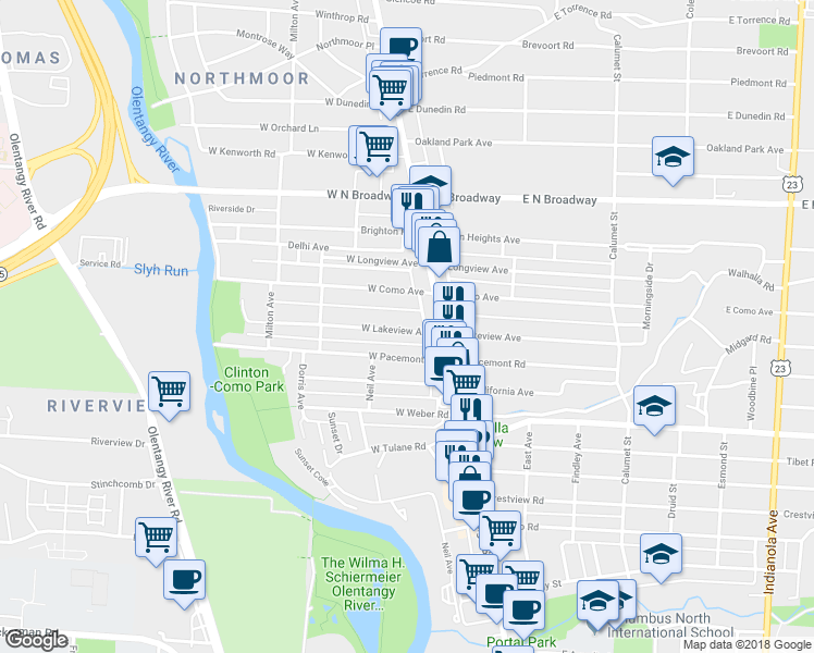 map of restaurants, bars, coffee shops, grocery stores, and more near 44 West Lakeview Avenue in Columbus