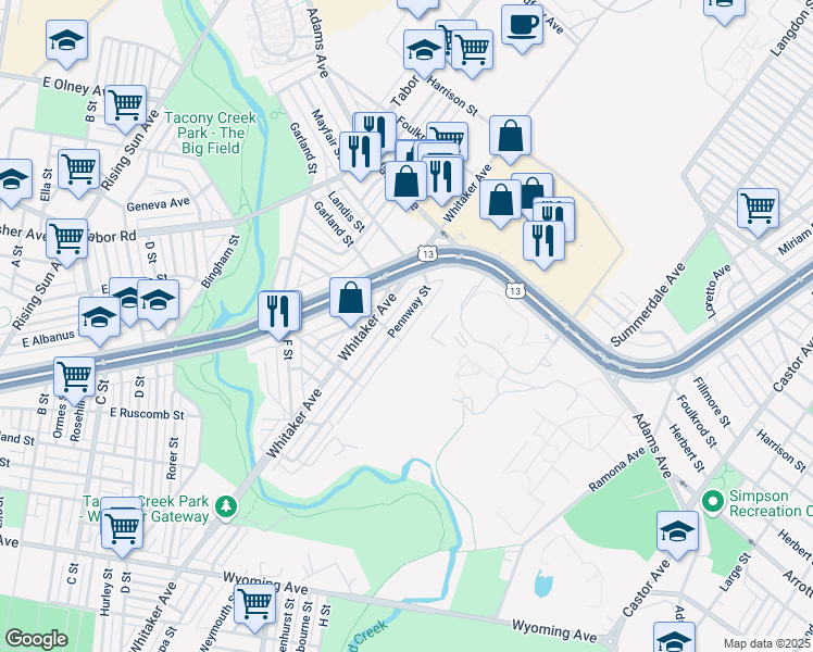 map of restaurants, bars, coffee shops, grocery stores, and more near 5219 Pennway Street in Philadelphia