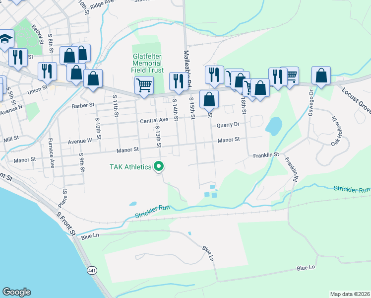 map of restaurants, bars, coffee shops, grocery stores, and more near 1424 Manor Street in Columbia