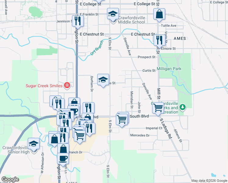 map of restaurants, bars, coffee shops, grocery stores, and more near 1420 South Elm Street in Crawfordsville